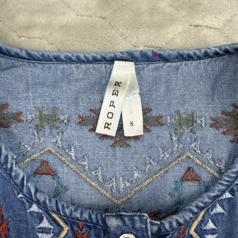 Roper Embroidered Denim Chambray Shirt Dress Western Cowgirl Size Sz S See Pics - Picture 6 of 13